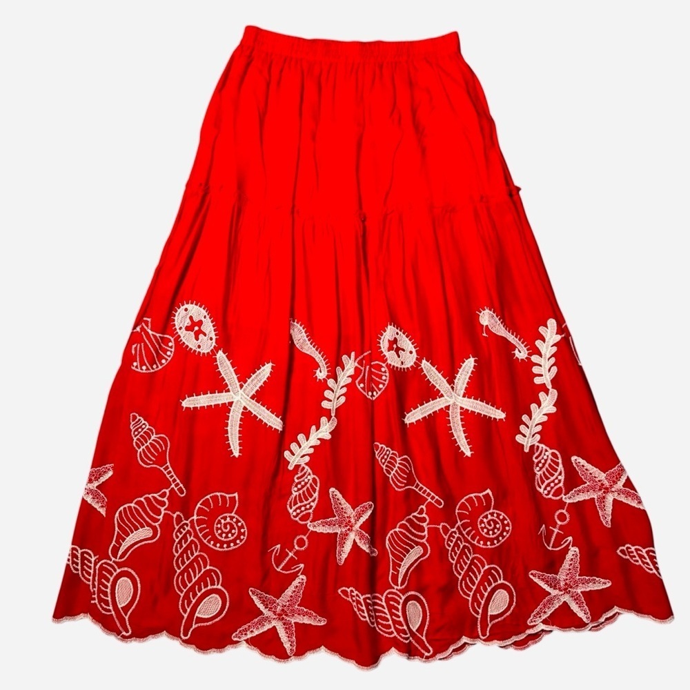 NWT New Laffair Red Embroidered Layered Maxi Skirt Size L